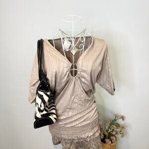 NWT Charlotte Russe vintage tan iridescent zebra print fitted babydoll blouse